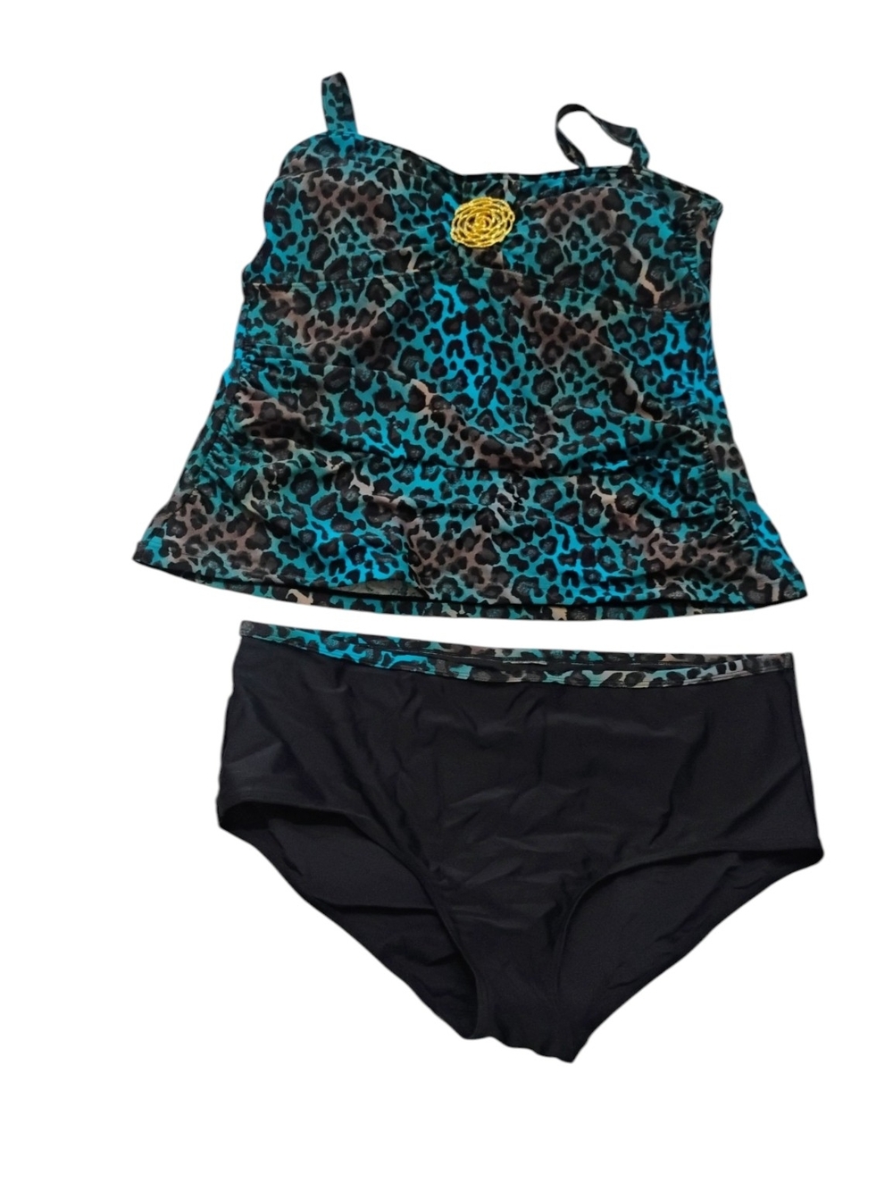 Teal Leopard Tankini Top with Black Briefs - Women's Swim Bikini